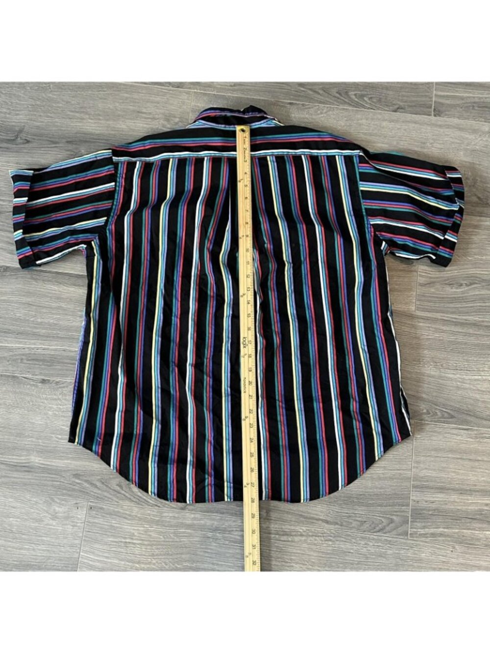 Vintage Eddie Bauer Shirt Mens L Black Rainbow Stripe Short Sleeve Button Up 80s - Picture 8 of 9